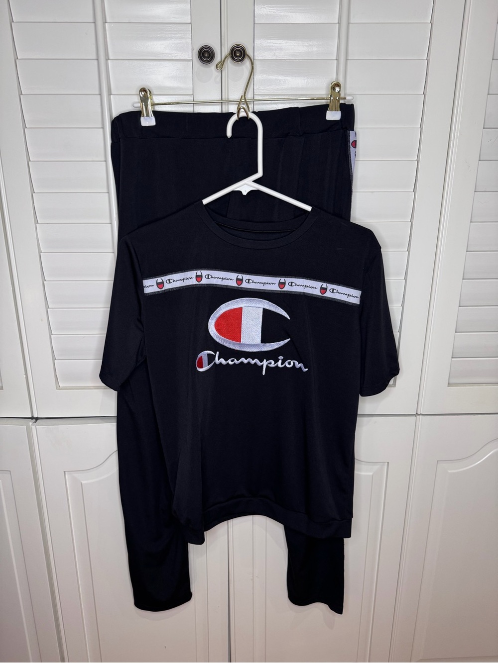 Champion Black Tee and Pant Set with Red & White Logo